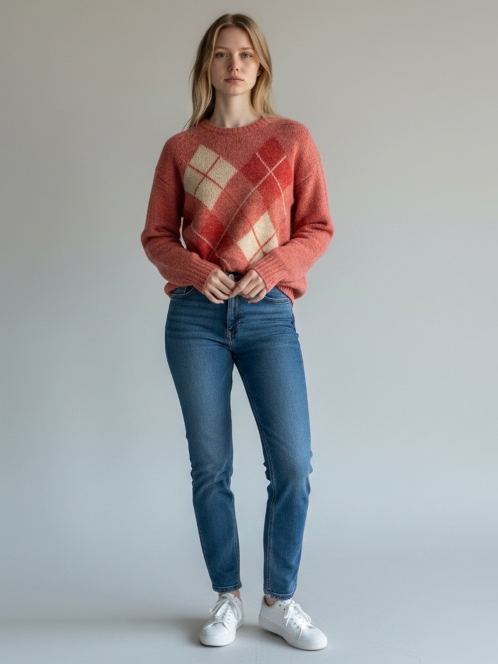 Shetland wool EU size 40 (medium/large) Coral Argyle Knit Sweater Scotland
